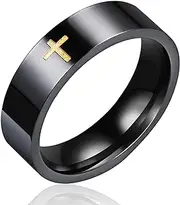 [Ropartman] Cross Rings for Men, 18K Gold Plated Mens Rings Stainless Steel Silver Lord Prayer Jesus Christian Black Pinky Ring for Boys, Ring Size 5 to 13 with Free Chain