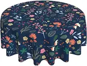 Spring Summer Floral Tablecloth Round 60 Inch Farmhouse Navy Blue Background Wildflower Round Tablecloth Polyester Washable Table Cover Table Cloth for Kitchen Dining Room Picnic Patio Party