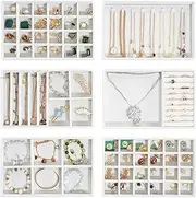 ProCase Set of 6 Stackable Jewelry Display Trays, Jewelry Earring Necklace Bracelet Ring Brooch Organizer Display Case with Removable Dividers for Dresser Drawer -Warmwhite