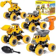 LUDILO 4PCS Take Apart Toys for 4 Year Old Boys Construction Toys with Electric Drill DIY Assembly Building Stem Toys Trucks Gifts for 3 4 5 6 7 8 Year Old Boys Girls Kids Learning Educational Toys