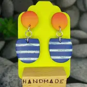 NAUTIC STRIPE NAVY BLUE WHITE CHAIN DANGLE SILVER EARRING POLYMER CLAY HANDMADE