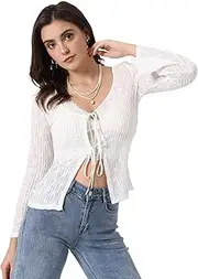 Allegra K Damen Spitze Shrug Oberteil Langärm Bolero Cardigan mit Schnürung vorne und Glöckchen