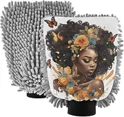 XYMZR African Woman Butterfly Absorbent Microfiber Car Wash Mitt, Funny Cute Anime Scratch Free for Cars Cleaning, Home Cleaning Mitts, 2 Pack, 10.24” L x 7.09” W