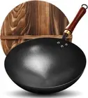 34cm Handmade Iron Wok with Wooden Lid, Non-Rust, for Gas Cooker