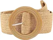 [Generic] Women's Round Buckle Elastic Straw Belts Boho Waist Belt