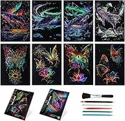 Gersoniel 8 Sheet Paper Scratch Noctilucent Glow in The Dark Rainbow Art Painting Paper with 4 Tools Engraving Landscape Scratchboard for Teens Adults Arts Gift Sketch Card DIY Creative Craft