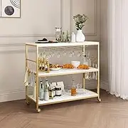 Mobile Kitchen Island Trolley Portable 3 Tier Bar Cart Wine Rack Drinks Glass Bottle Holder Shelf Storage Organizer Coffee Tea Liquor Serving Utility Stand on Wheels