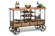 Industrial Style Wooden Bar Cart Drinks Trolley Station with Wine Bottle Rack