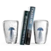Art Glass Coastal Theme Home Decor Blue Jellyfish Wedge Bookends