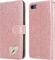 iPEAK Case Compatible For iPhone SE 2022 Case iPhone SE 2020 Case, iPhone 7 Case, iPhone 8 Case Shiny Leather Bling Glitter Book Flip Stand Wallet Cover For iPhone Phone (Rosegold)