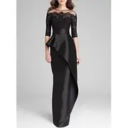 Mermaid Mother of the Bride Dress Wedding Guest Formal Evening Elegant Simple Jewel Neck Floor Length Satin Lace Half Sleeve with Ruffles Appliques
