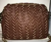 Neiman Marcus Mini Crossbody Bag Woven Brown Faux Leather Chain Strap Designer