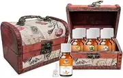 Crysalis Aromatherapy Essential Oil Gift Set – 6 x 15ml Bottles (Lavender, Peppermint, Eucalyptus, Lemon, Tea Tree,Rosemary) in Vintage Wooden Box with Floral Design & Handle – Antique-Style