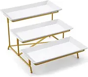 YALLOVE 3 Tiered Serving Platters Ceramics Dessert Cake Display Stand, White Food Display Stands for Buffet, Party Food Tray Set(Gold)