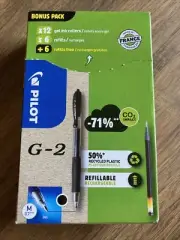 Pilot G-2 0.7mm Medium Gel Retractable Rollerball Black(12 PENS + 12 REFILLS)