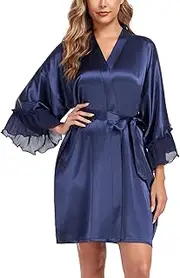 [BestWendding] Women's Satin Robe Short Ruffle Hem Kimono Bathrobe Lightweight Brides Bridesmaids Sleepwear with Pockets