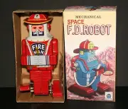 HA HA TOYS MS 652, MECHANICAL SPACE FIRE MAN ROBOT, 7 1/2" TALL WIND-UP, NIB!