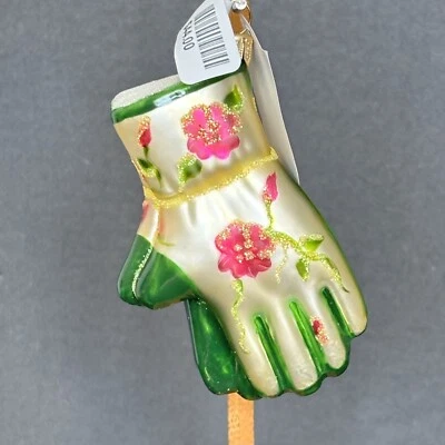 Anthropologie Floral Garden Gloves Glitter Glass Hand Blown Ornament NWT