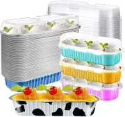 Mini Cake Pans with Lids,Mini Loaf Baking Pans,Aluminum Long Baking Cups,50 Pack