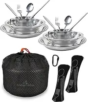 Stainless Steel Camping Mess Kit - Person's Complete Picnic & Camp Dish Set, Includes Plate, Bowl, Cup & Utensils