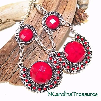 VINTAGE CEILING FAN PULL ANTIQUE SILVER RED CRYSTAL ORNATE HANGING DESIGN PAIR