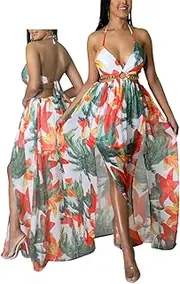 [TEOPTKY] Womens Floral Print Chain Decor Split Thigh Tie Back Cami Dress,Ring Linked Halter Backless Maxi Dress for Beach