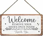 Front Door Hanging Sign With Sisal Rope, Welcome Remove Your Shoes Once Inside, Rustic Farmhouse Decorations, Indoor Outdoor Home Porch Wall Decor, Housewarming Gift(11.8 x 5.9 Inches) - B01