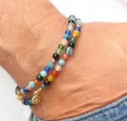 14k gold beads onyx lapis quartz multi color bracelet genuine gem hamsa luck new