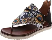 [CYGE] Sunflower Sandals for Women Zipper Flat Flip Flops Casual Heel Open Toe Ankle Strap Sandals Beach Travel Shoes