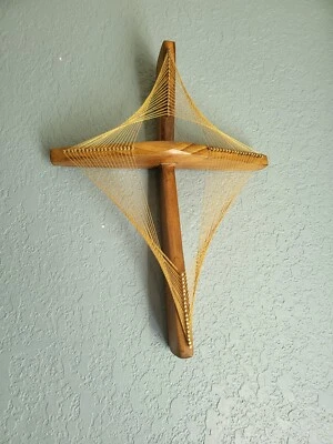 Pine Handmade String Art Cross, Semi-gloss walnut finish, ~"16" X 12" X 3"