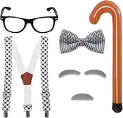 [SUMERSHA] 5Pcs Old Man Costume 100 Days of School Suspenders Bow Tie Glasses Mustache Eyebrows Set and Inflatable Cane for Boys Grandpa Dress Up Accessories Multi, Multi