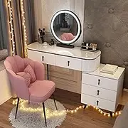 Large Dressing Table Set for Bedroom, Dressing Table with Side Cabinets and Padded Stool with LED Lighted Mirror, Suitable for Bedroom (White-Black, 4