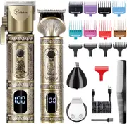 Hatteker Professional Hair Clipper and T-Blade Trimmer Set for Men, Cordless Rechargeable Barber Clipper Beard Nose Hair Trimmer Multipurpose Grooming Kit LED Display(Gold)