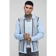 Mens Blue Tall Stripe Knit Regular Fit Cardigan