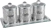 JUXYES Set of 4 Sparky Glass Crushed Diamonds Canisters Set for Sugar Coffee Tea Features Tray, Luxurious Storage Containers Sets with Lids Decorative Storage Pots for Kitchen Counter Dining Room