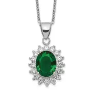 Sterling Silver Cheryl M Rhodium-Plated Brilliant-Cut Green Glass And White Cz Oval 18.25 Inch Necklace