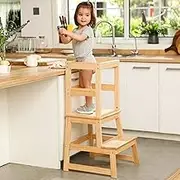 Kids Kitchen Step Stool for Kids with Safety Rail, Solid Wood Construction Toddler Learning Stool Tower,Montessori Kitchen Stool Toddlers (Natural)