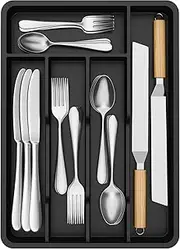 Lifewit Silverware Tray, Deep Wide Cutlery Drawer Organizer Storage for Kitchen, Plastic Flatware Utensil Holder Divider for Spoons Forks Knives Tableware, 5 Compartment, Black