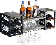 Wall Mounted Gray Wood and Black Metal Wine and Bar Storage Shelf Display Rack