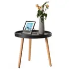 New Modern Plastic Round Side Table Accent Coffee Table with Beech Wood Legs