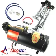 3 Liter 150 PSI 12V Air Compressor and 4 Trumpet Chrome Train Air Horn Truck