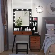 LEVEDE American Vintage Vanity Desk 3 in 1 with Mirror and Stool, Wooden Vintage Dressing Table Set with Shelves Drawers, 3 Colors LED Bulbs Makeup Table Bedroom,Dressing Room, for Women Girls(Black)