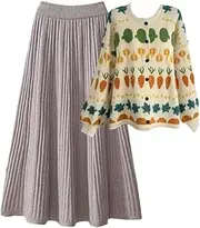 [Generic] Women Knitted 2 Pieces Retro Patchwork Print Single Breasted Cardigans+High Waist Skirts Sets