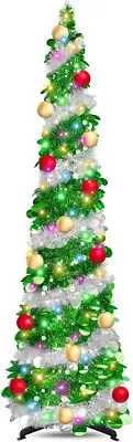 6FT Tinsel Christmas Trees Artificial Christmas Tree with Timer 100 Lights15Ball