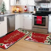 2Pcs Christmas Kitchen Washable Floor Mat Floor Carpet Door Mat Pad Rug Christmas Home Decoration