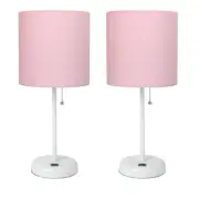 LimeLights Metal Stick Lamp w/ USB Port 2 Pack in White with Light Pink Shade