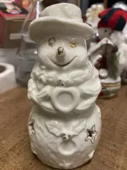 CHRISTMAS SNOWMAN CANDLE HOLDER 6" FROSTY MISTLETOE WHITE GOLD