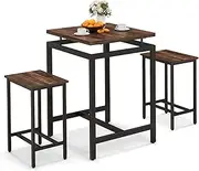 Giantex Counter Height Table with 2 Stools, Pub Dining Table Set with Floating Tabletop & Footrest, Breakfast Table Set for Small Space, Industrial Bistro Set for Apartment Kitchen, Rustic Brown