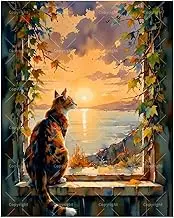 Windows View Paint by Numbers Kit for Adults - DIY Calico Cat Looking at Sunset from Window Painting on Canvas 16x20 Inches, Acrylic Paint Set, Suitable for Beginners,Cozy Art for Decoration