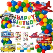 Transportation Vehicles Theme Party Decorating Set - Bithday Banner Balloon Garland Foil Balloon Cupcake Toppers Mini Stickers